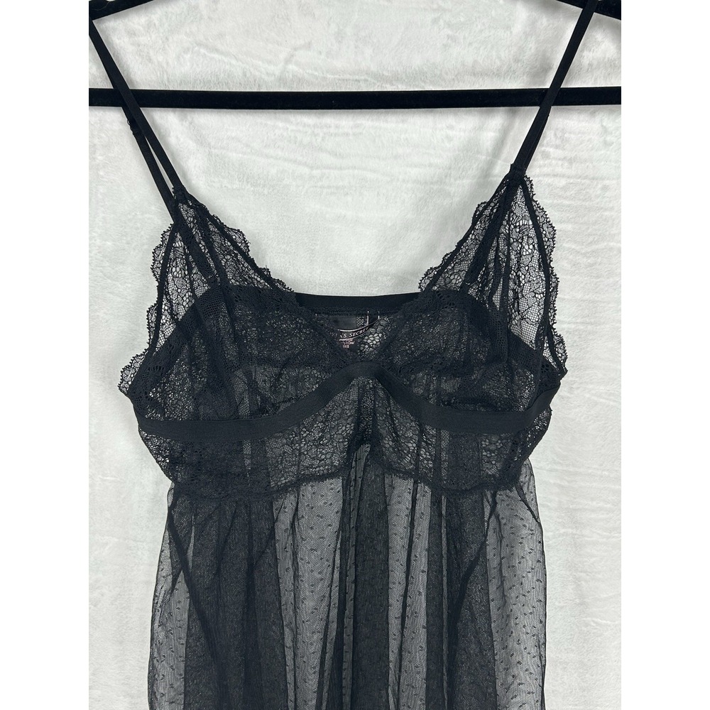 Victorias Secret XL 90's Black Sheer Dotted Flyaway Babydoll Coquette Whimsigoth - Picture 2 of 13